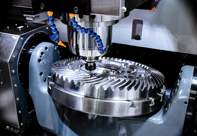 Portrait of worker near metalworking machine, steel factory background.